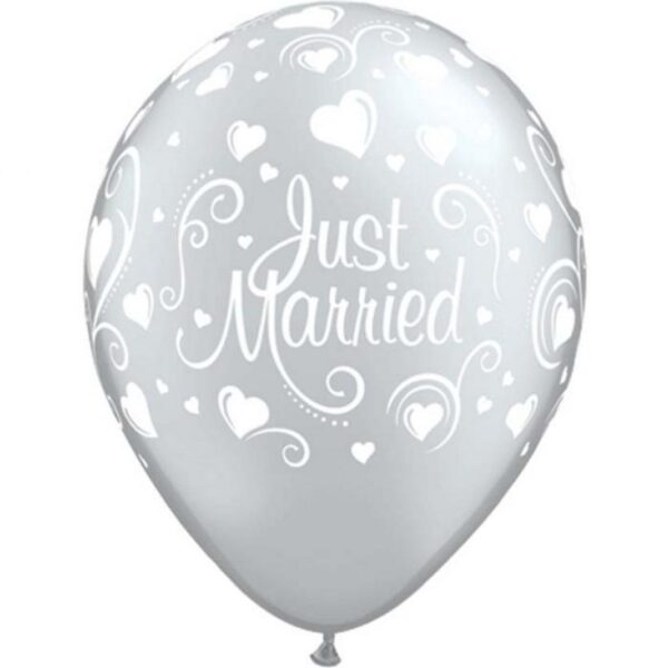 #BL Balon QL 11" z nadr. "Just Married i serca", metalik perłowy / 6 szt. KK