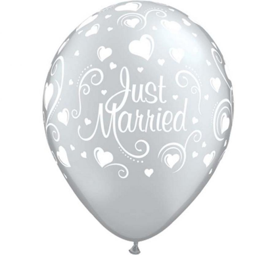 #BL Balon QL 11" z nadr. "Just Married i serca", metalik perłowy / 6 szt. KK