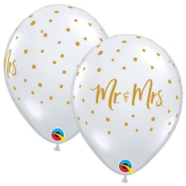 #BL Balon QL 11" z nadr. "Mr. & Mrs. - złote  grochy", transparent / 25 szt. KK