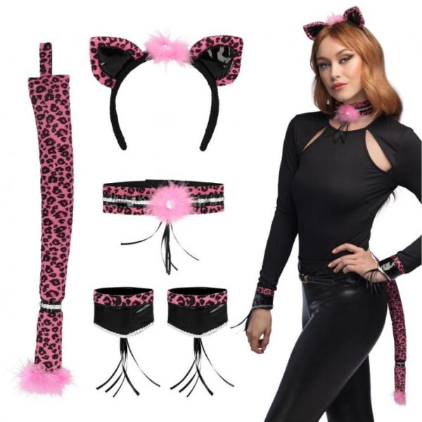 #STAI Zestaw Różowy Gepard (opaska, choker, 2 bransoletki, ogon)