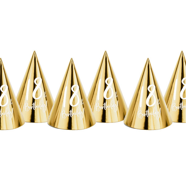 Czapeczki 18th Birthday, złoty, 16cm (1 op. / 6 szt.)