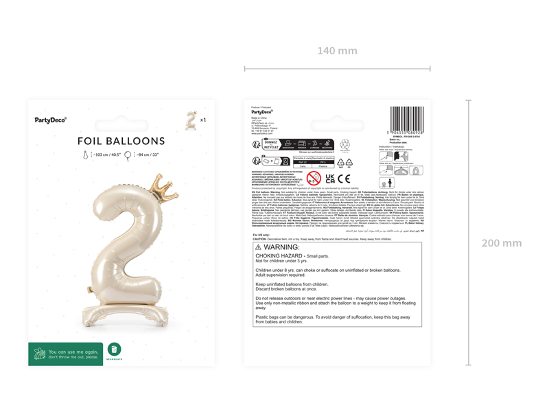 Stojący balon foliowy cyfra ''2'', 84 cm, jasny krem - obrazek 2
