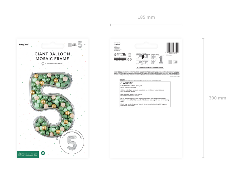 Forma Cyfra ''5'' dla balonów lateksowych, 126cm, srebrne błyszczące - obrazek 4