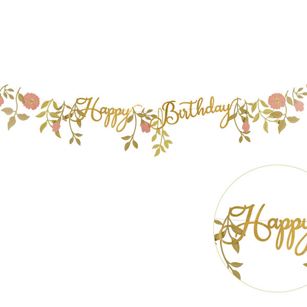 Baner Happy Birthday Kwiaty, różowo-złoty, 1.3m