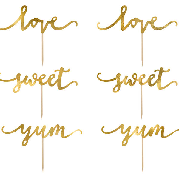 Dekoracje do muffinek Love, złoty, 13cm (1 op. / 6 szt.)