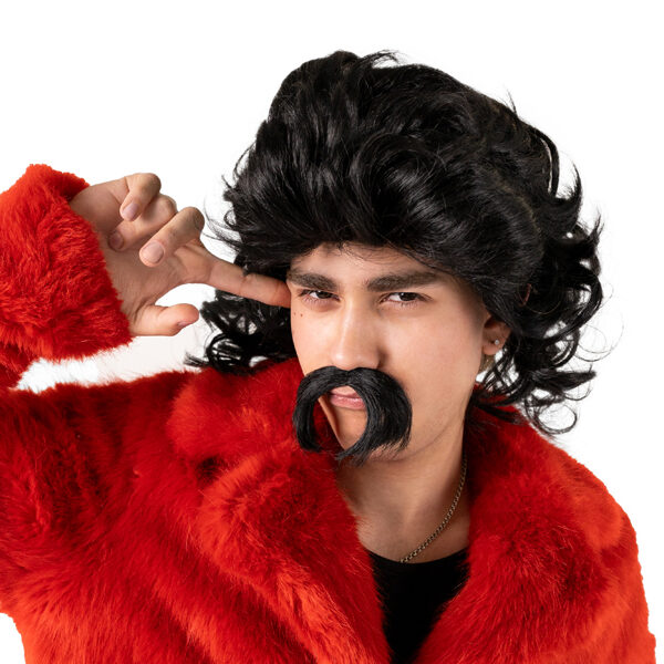 Peruka, długie włosy i wąsy, czarny