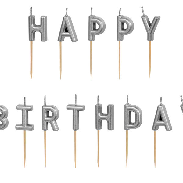 Świeczki urodzinowe Happy Birthday, 2.5 cm, srebrny (1 op. / 13 szt.)