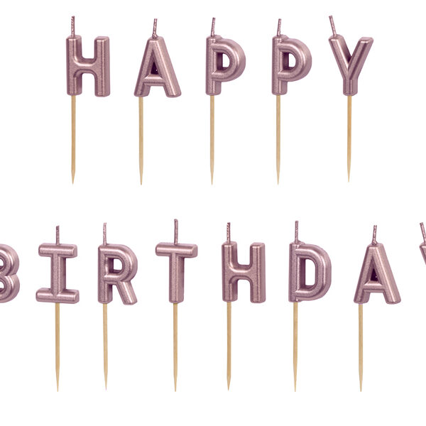 Świeczki urodzinowe Happy Birthday, 2.5 cm, różowe złoto (1 op. / 13 szt.)