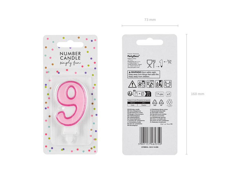 Świeczka urodzinowa Cyferka 9, różowy, 7cm - obrazek 2