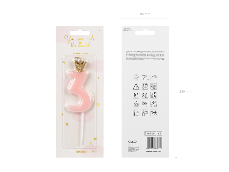 Świeczka urodzinowa Cyferka 3, jasny różowy, 9.5cm - obrazek 3