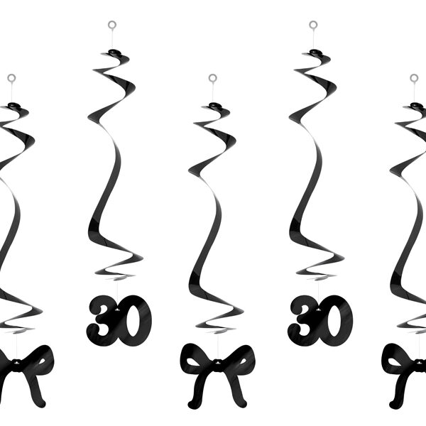 Świderki na 30 urodziny z kokardkami, 50cm, czarne (1 op. / 5 szt.)