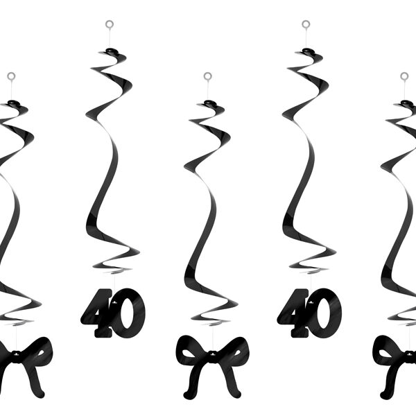 Świderki na 40 urodziny z kokardkami, 50cm, czarne (1 op. / 5 szt.)