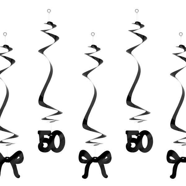 Świderki na 50 urodziny z kokardkami, 50 cm, czarne (1 op. / 5 szt.)