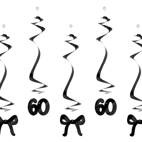 Świderki na 60 urodziny z kokardkami, 50 cm, czarne (1 op. / 5 szt.)