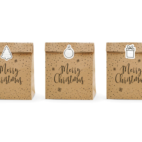 Torebki na prezenty Merry Christmas, kraft, 25x11x27cm (1 op. / 3 szt.)