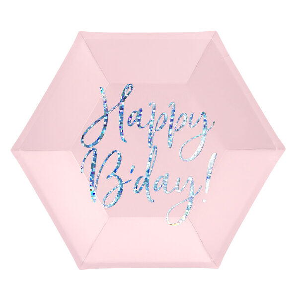 Talerzyki Happy B'day!, jasny pudrowy róż, 20cm (1 op. / 6 szt.)