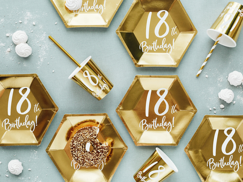 Talerzyki 18th Birthday, złoty, 20cm (1 op. / 6 szt.) - obrazek 3