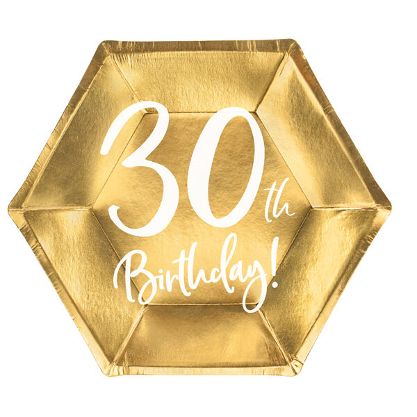 Talerzyki 30th Birthday, złoty, 20cm (1 op. / 6 szt.)
