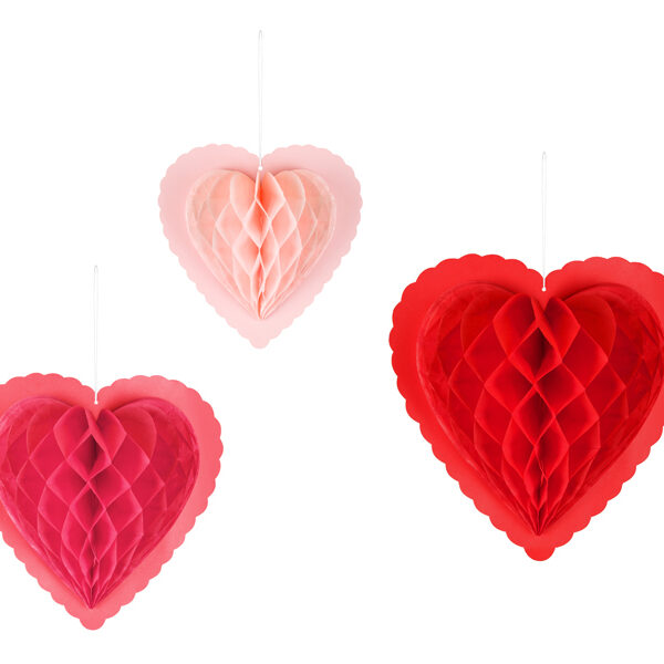 Dekoracje papierowe honeycomb Serca, mix, 20-30 cm (1 op. / 3 szt.)