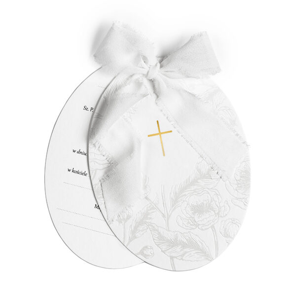 Zaproszenia komunijne Krzyż z gałązkami i kwiatami, białe (1 op. / 10 szt.)
